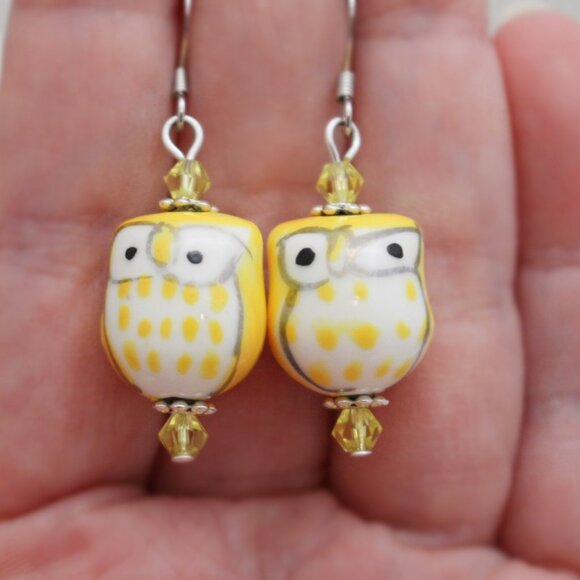 Yellow Hand Painted Porcelain Owl Earrings - Handmade & Hypoallergenic - Picture 7 of 7